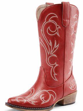 Women's Red Faux Leather Cowgirl Boots Square Toe Chunky Heel Stitched Boots